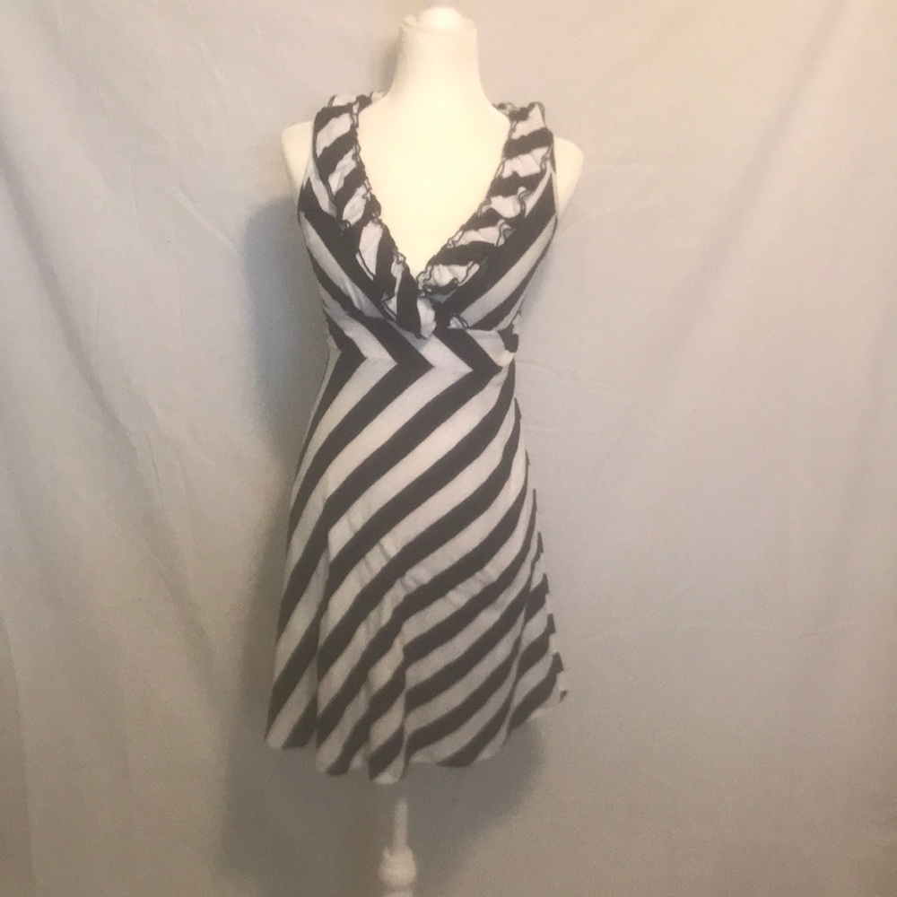 Stripped frilled navy and white dress